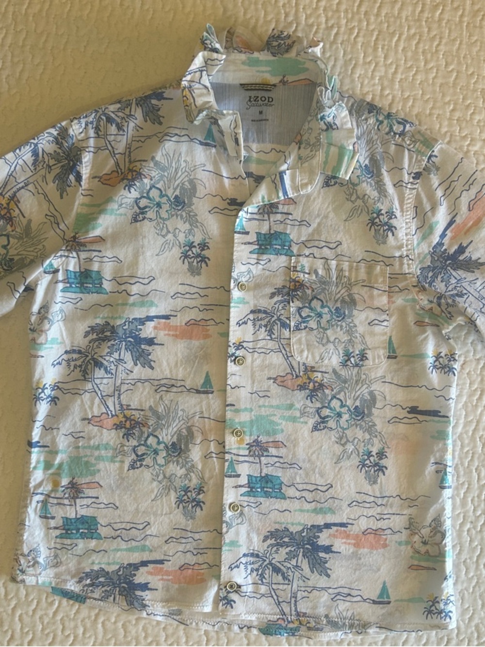 Women’s Upcycled Men’s M Izod White linen Tropical Print Button-Down Shirt